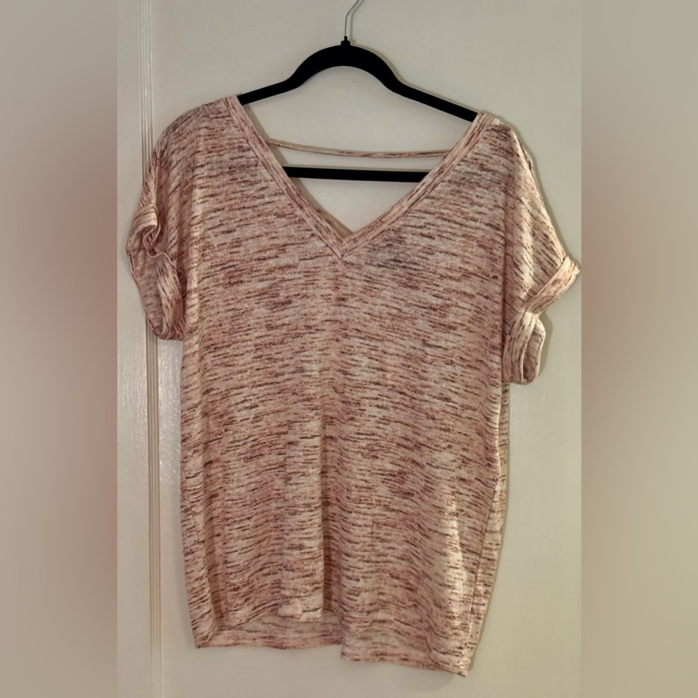 Bobeau Pink and White Knit Relaxed Short Sleeve Top